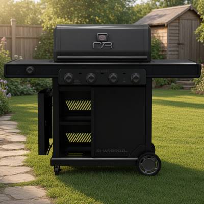Black Char-Broil Pro Series 4-burner gas grill on a lawn, lid closed, four knobs, cabinet door open