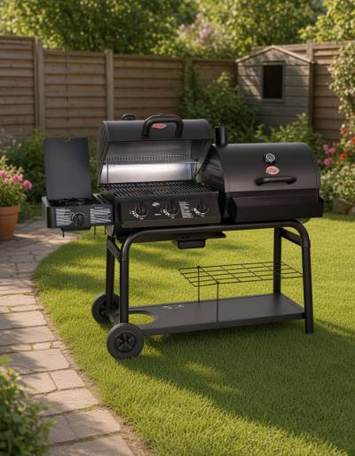 Char-Griller DUO 5050 dual-fuel grill on a paved patio, both lids closed, gas barrel on the left and charcoal barrel on the right, side burner at one end