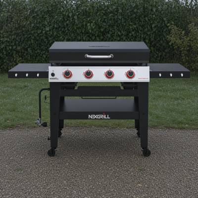 Nexgrill Daytona 4-burner griddle on wet gravel, lid closed, four red knobs on a stainless panel between black shelves